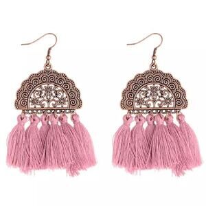 Boho Bronze Pink Tassel Earrings Vintage Carved Statement